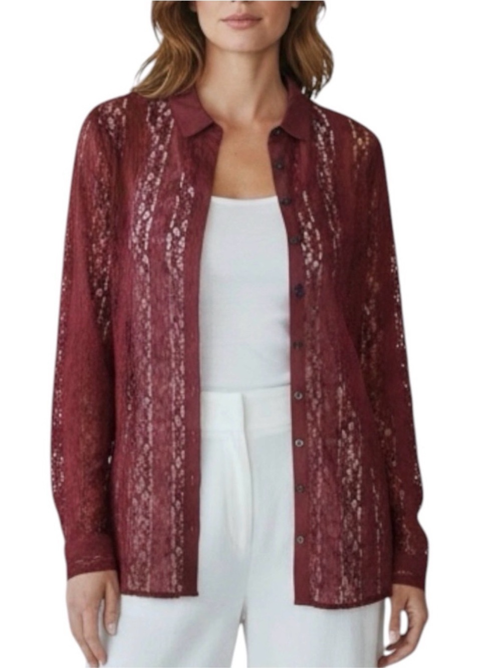 J.JILL BURGUNDY RED LACE LONG SLEEVE BUTTON UP TOP 4X